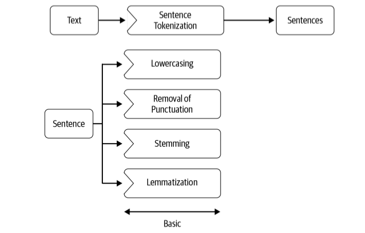 Sentence split, then lowercase, punctuation, stem, or lemmatize