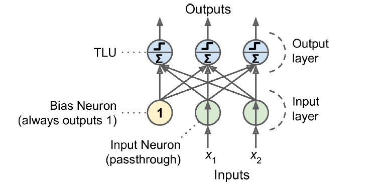 A perceptron: input layer, bias, several TLU outputs