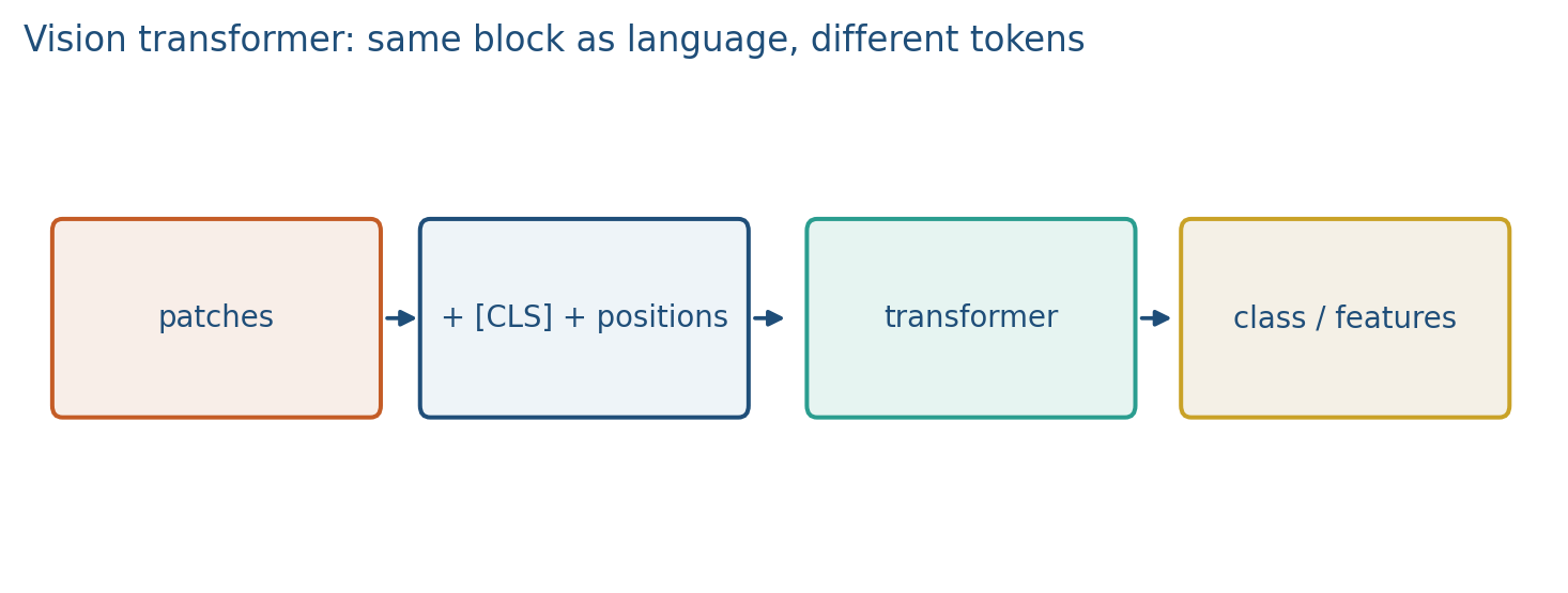 Patches, positions, transformer, features